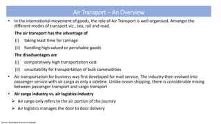 Air Transport – An Overview
• In the international movement of goods, the role of Air Transport is well-organised. Amongst...