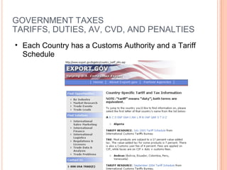 GOVERNMENT TAXES  TARIFFS, DUTIES, AV, CVD, AND PENALTIES Each Country has a Customs Authority and a Tariff Schedule 