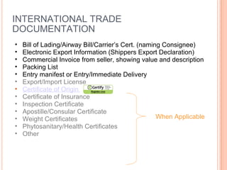 INTERNATIONAL TRADE DOCUMENTATION Bill of Lading/Airway Bill/Carrier’s Cert. (naming Consignee) Electronic Export Information (Shippers Export Declaration) Commercial Invoice from seller, showing value and description Packing List Entry manifest or Entry/Immediate Delivery  Export/Import License Certificate of Origin  Certificate of Insurance Inspection Certificate  Apostille/Consular Certificate Weight Certificates Phytosanitary/Health Certificates Other When Applicable 