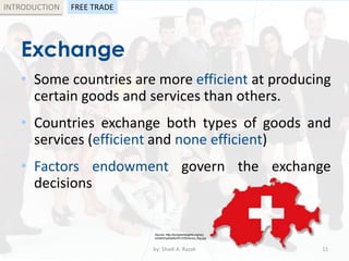 Exchange
• Some countries are more efficient at producing
certain goods and services than others.
• Countries exchange both types of goods and
services (efficient and none efficient)
• Factors endowment govern the exchange
decisions
by: Shadi A. Razak 11
INTRODUCTION FREE TRADE
Source: http://europedraughts.org/wp-
content/uploads/2012/05/swiss_flag.jpg
 
