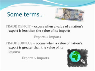 Some terms… TRADE DEFICIT –  occurs when a value of a nation’s export is less than the value of its imports Exports < Imports TRADE SURPLUS –  occurs when a value of nation’s export is greater than the value of its  imports   Exports > Imports 