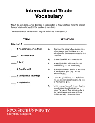 International Trade
Vocabulary
Match the term to its correct definition in each section of this worksheet. Write the letter of
the correct definition next to the number of each term.
The terms in each section match only the definitions in each section.
_____ 1. Voluntary export restraint
_____ 2. Ad valorem tariff
_____ 3. Tariff
_____ 4. Specific tariff
_____ 5. Comparative advantage
_____ 6. Import quota
A. Countries that can produce a good more
efficiently and cost-effectively have an
advantage for that good compared to other
countries.
B. A tax levied when a good is imported.
C. A fixed charge for each unit of goods
imported (e.g., $3 per barrel of oil).
D. A charge levied as a fraction of the value
of the imported good (e.g., 25% on
imported trucks).
E. Limits the quantity of a good that can be
imported, which raises the domestic price
of the imported good.
F. Limits on exports usually imposed by the
exporting country at the importing
countrys request. This is more costly to
the importing country than a tariff that
limits imports by the same amount.
TERM DEFINITION
Section 1
 