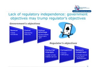 Lack of regulatory independence: government
 objectives may trump regulator’s objectives
Government’s objectives




                          Regulator’s objectives




                                                   16
 