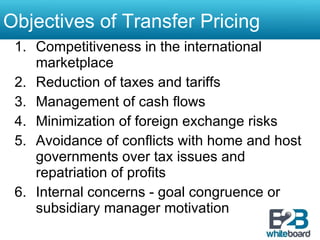 Objectives of Transfer Pricing Competitiveness in the international marketplace Reduction of taxes and tariffs Management of cash flows Minimization of foreign exchange risks Avoidance of conflicts with home and host governments over tax issues and repatriation of profits Internal concerns - goal congruence or subsidiary manager motivation 