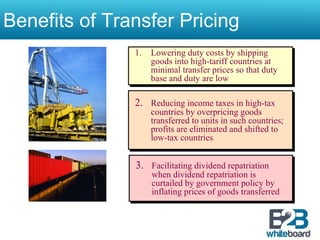 Benefits of Transfer Pricing 2. Reducing income taxes in high-tax countries by overpricing goods transferred to units in such countries; profits are eliminated and shifted to low-tax countries 1. Lowering duty costs by shipping goods into high-tariff countries at minimal transfer prices so that duty base and duty are low 3. Facilitating dividend repatriation when dividend repatriation is curtailed by government policy by inflating prices of goods transferred  