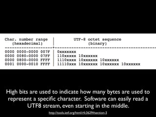High bits are used to indicate how many bytes are used to
represent a speciﬁc character. Software can easily read a
         UTF8 stream, even starting in the middle.
                http://tools.ietf.org/html/rfc3629#section-3
 
