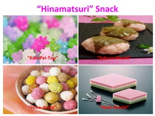 Hinamatsuri Snack




Kon-Pei-Tou    Sakura-Mochi




Hina-Arare     Hishi-Mochi
 