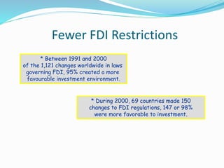 Fewer FDI Restrictions
* Between 1991 and 2000
of the 1,121 changes worldwide in laws
governing FDI, 95% created a more
favourable investment environment.
* During 2000, 69 countries made 150
changes to FDI regulations, 147 or 98%
were more favorable to investment.
 