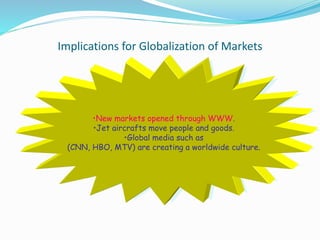 Implications for Globalization of Markets
•New markets opened through WWW.
•Jet aircrafts move people and goods.
•Global media such as
(CNN, HBO, MTV) are creating a worldwide culture.
 