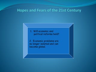 1. Will economic and
political reforms hold?
2. Economic problems are
no longer isolated and can
become global.
 