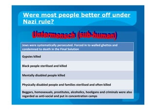 Were most people better off under
Nazi rule?
Jews were systematically persecuted. Forced in to walled ghettos and
condemned to death in the Final Solution
Gypsies killed
Black people sterilised and killed
Mentally disabled people killed
Physically disabled people and families sterilised and often killed
Beggars, homosexuals, prostitutes, alcoholics, hooligans and criminals were also
regarded as anti-social and put in concentration camps
 