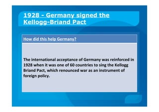 1928 - Germany signed the
Kellogg-Briand Pact
How did this help Germany?
The international acceptance of Germany was reinforced in
1928 when it was one of 60 countries to sing the Kellogg
Briand Pact, which renounced war as an instrument of
foreign policy.
 