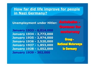 How far did life improve for people
in Nazi Germany?
Unemployment under Hitler:
January 1933 - 6,014,000
January 1934 - 3,773,000
January 1935 - 2,974,000
January 1936 - 2,520,000
January 1937 - 1,853,000
January 1938 - 1,052,000
January 1939 - 302,000
 