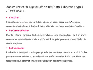 • L’Aspirer
Il est relativement nouveau sur la toile et en a un usage assez rare. L’Aspirer se
connecte principalement de chez lui et achète très peu (voire pas du tout) en ligne.
• Le Communicator
Pour lui, Internet est avant tout un moyen d’expression et de partage. Il est un grand
consommateur de réseaux sociaux et d’email. Il est principalement connecté depuis
son Smartphone.
• Le Functional
Il utilise Internet depuis très longtemps et le voit avant tout comme un outil. Il l’utilise
pour s’informer, acheter ou pour des raisons professionnelles. Il n’est pas friand des
réseaux sociaux et remet en cause la publication des données privées.
D’après une étude Digital Life deTNS Sofres, il existe 6 types
d’internautes :
 
