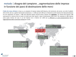 | 10
PRODOTTI SERVIZI
COME
LAVORIAMO
UFFICIO
STUDI
SACE TRAINING
& ADVISORY
Gruppo
SACE
Sala
Stampa
Lavora
con noi
Contatti
Country Risk Map
Pubblicazioni
Contatti
CLUSTER 3
Est Europa non UE
CLUSTER 2
Estremo Oriente (Giappone)
Estremo Oriente (Cina)
Estremo Oriente (Australia e
Nuova Zelanda)
Estremo Oriente (altro)
CLUSTER 4
Medio Oriente
CLUSTER 1
Nord America (USA e Canada)
CLUSTER 5
Sud America (Messico)
Sud America (Brasile)
Sud America (altro)
CLUSTER “UE”
Altri paesi UE
L’Italia che cresce all’estero si basa su un campione di imprese italiane dell’industria, del commercio, dei servizi, con oltre 9 addetti,
oltre 2,5 k€, solo soc. capitali. Numerosità campionaria: n. 1.200 casi (nei1.200 casi si rileveranno anche imprese che internazionalizzano
ma non esportano). Di questi, n. 480 sono garantiti (quota minima) presso imprese che esportano, con almeno 80 imprese (=80
osservazioni) in ciascuno dei sei cluster nei quali sono stati ripartiti i paesi di destinazione delle merci. Per analizzare le 480 imprese
come quota minima nel caso in cui tali imprese non si rilevino nei 1.200 casi si effettuerà un sovra-campionamento fino al
raggiungimento delle numerosità richiesta per cluster.
CLUSTER “0”
metodo | disegno del campione …segmentazione delle imprese
in funzione dei paesi di destinazione delle merci
 