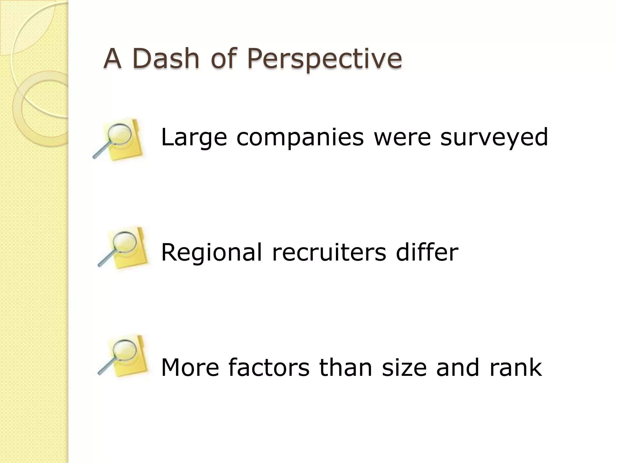 A Dash of Perspective

    Large companies were surveyed



    Regional recruiters differ



    More factors than size and rank
 