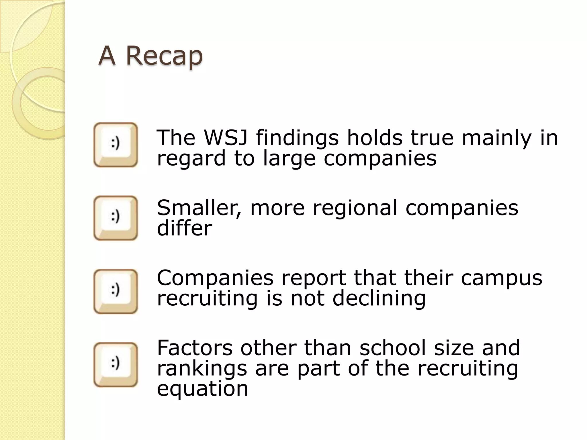 A Recap


   The WSJ findings holds true mainly in
   regard to large companies

   Smaller, more regional companies
   differ

   Companies report that their campus
   recruiting is not declining

   Factors other than school size and
   rankings are part of the recruiting
   equation
 