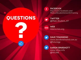 v
    http://www.facebook.com/
    MedicalStudentActionOnTraining


t
    @Med_Student_AT



    interncrisis.org



t
    www.davidtownsend.com.au
    @futuregp

t
    www.ivline.info
    @IVLINE
 