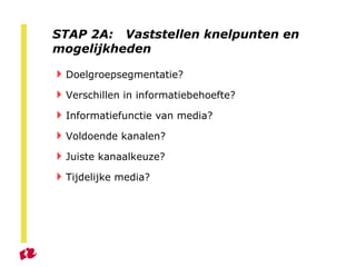 STAP 2A:  Vaststellen knelpunten en mogelijkheden Doelgroepsegmentatie? Verschillen in informatiebehoefte? Informatiefunctie van media? Voldoende kanalen? Juiste kanaalkeuze? Tijdelijke media? 