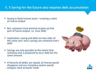 II. 5 Saving for the future also requires debt accumulation

 Saving in fixed income asset = creating a claim
on future output

 But: someone must promise to give up that
part of future output, i.e. incur debt
 Implication: saving and debt are two sides of
the same coin: one’s savings are someone else’s
debt
 Savings are only possible to the extent that
someone else is prepared to incur debt for the
same amount
 If literarily all debts are repaid, all money would
disappear and our monetary system would
23 collapse: back to barter trade

 