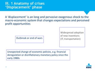 III. 1 Anatomy of crises
‘Displacement’ phase
A ‘displacement’ is an long and pervasive exogenous shock to the
macro-economic system that changes expectations and perceived
profit opportunities

Outbreak or end of wars

Widespread adoption
of new inventions
(IT, transportation)

Unexpected change of economic policies, e.g. financial
deregulation or disinflationary monetary policy since the
early 1980s

27

 