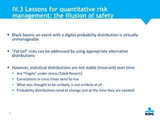 IV.3 Lessons for quantitative risk
management: the illusion of safety
 Black Swans: an event with a digital probability distribution is virtually
unmanageable
 “Fat tail” risks can be addressed by using appropriate alternative
distributions
 However, statistical distributions are not stable (invariant) over time





51

Are “fragile” under stress (Taleb Nassim)
Correlations in crisis times tend to rise
What was thought to be unlikely, is not unlikely at all
Probability distributions tend to change just at the time they are needed

 
