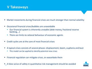 V Takeaways

 Market movements during financial crises are much stronger than normal volatility
 Occasional financial crises/bubbles are unavoidable
 Our financial system is inherently unstable (debt money, fractional reserve
banking,…)
 There are limits to rational behaviour of economic agents
 Credit cycles are at the core of most financial crises
 A typical crises consists of several phases: displacement, boom, euphoria and bust
 This model can be applied to identify potential new crises

 Financial regulation can mitigate crises, or exacerbate them
58 A false sense of safety in quantitative risk management should be avoided

 