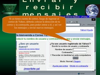 Enviar y recibir mensajes I Si ya tienes cuenta de correo, luego de ingresar al correo de Yahoo, deberás colocar la dirección de tu correo y la contraseña, para poder entrar a él, y así ver los mensajes y enviar nuevos mensajes. 