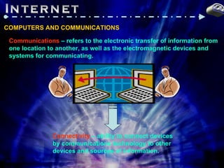 Internet @ COMPUTERS AND COMMUNICATIONS Communications  – refers to the electronic transfer of information from one location to another, as well as the electromagnetic devices and systems for communicating. Connectivity  – ability to connect devices by communications technology to other devices and sources of information. 