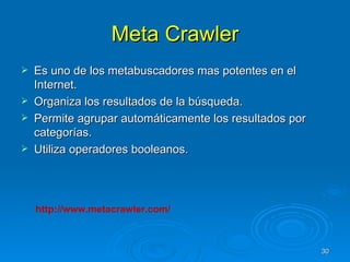 Meta Crawler Es uno de los metabuscadores mas potentes en el Internet. Organiza los resultados de la búsqueda. Permite agrupar automáticamente los resultados por categorías. Utiliza operadores booleanos. http://www.metacrawler.com/ 