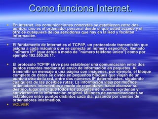 Como funciona Internet. En Internet, las comunicaciones concretas se establecen entre dos puntos: uno es el ordenador personal desde el que usted accede y el otro es cualquiera de los servidores que hay en la Red y facilitan información.  El fundamento de Internet es el TCP/IP, un protocolode transmisión que asigna a cada máquina que se conecta un número específico, llamado "número IP" (que actúa a modo de "número teléfono único") como por ejemplo 192.555.26.11. El protocolo TCP/IP sirve para establecer una comunicación entre dos puntos remotos mediante el envío de información en paquetes. Al transmitir un mensaje o una página con imágenes, por ejemplo, el bloque completo de datos se divide en pequeños bloques que viajan de un punto a otro de la red, entre dos números IP determinados, siguiendo cualquiera de las posibles rutas. La información viaja por muchos ordenadores intermedios a modo de repetidores hasta alcanzar su destino, lugar en el que todos los paquetes se reúnen, reordenan y convierten en la información original. Millones de comunicaciones se establecen entre puntos distintos cada día, pasando por cientos de ordenadores intermedios.   VOLVER 