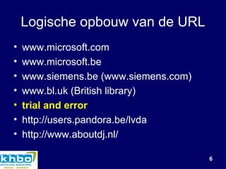 Logische opbouw van de URL www.microsoft.com www.microsoft.be www.siemens.be (www.siemens.com) www.bl.uk (British library) trial and error http://users.pandora.be/lvda http://www.aboutdj.nl/  
