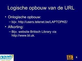 Logische opbouw van de URL Onlogische opbouw: bijv. http://users.telenet.be/LAPTOPKE/ Afkorting: Bijv. website Britisch Library via http://www.bl.uk.  