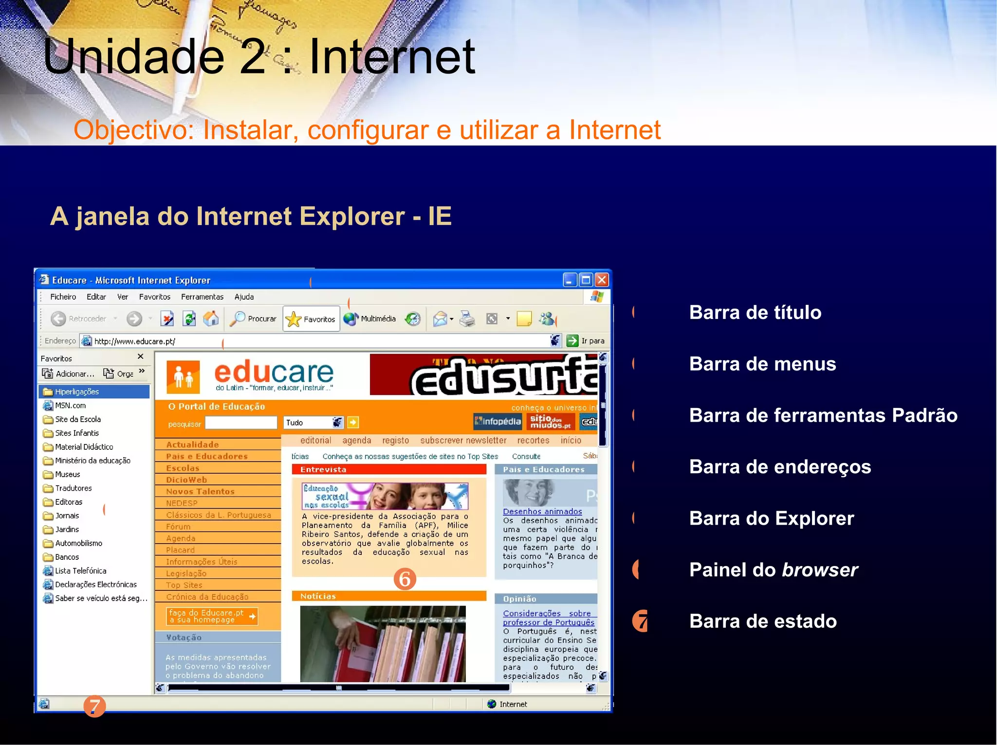 A janela do Internet Explorer - IE        Barra de título Barra de menus Barra de ferramentas Padrão Barra de endereços Barra do Explorer Painel do  browser        Barra de estado Unidade 2 : Internet  Objectivo: Instalar, configurar e utilizar a Internet 