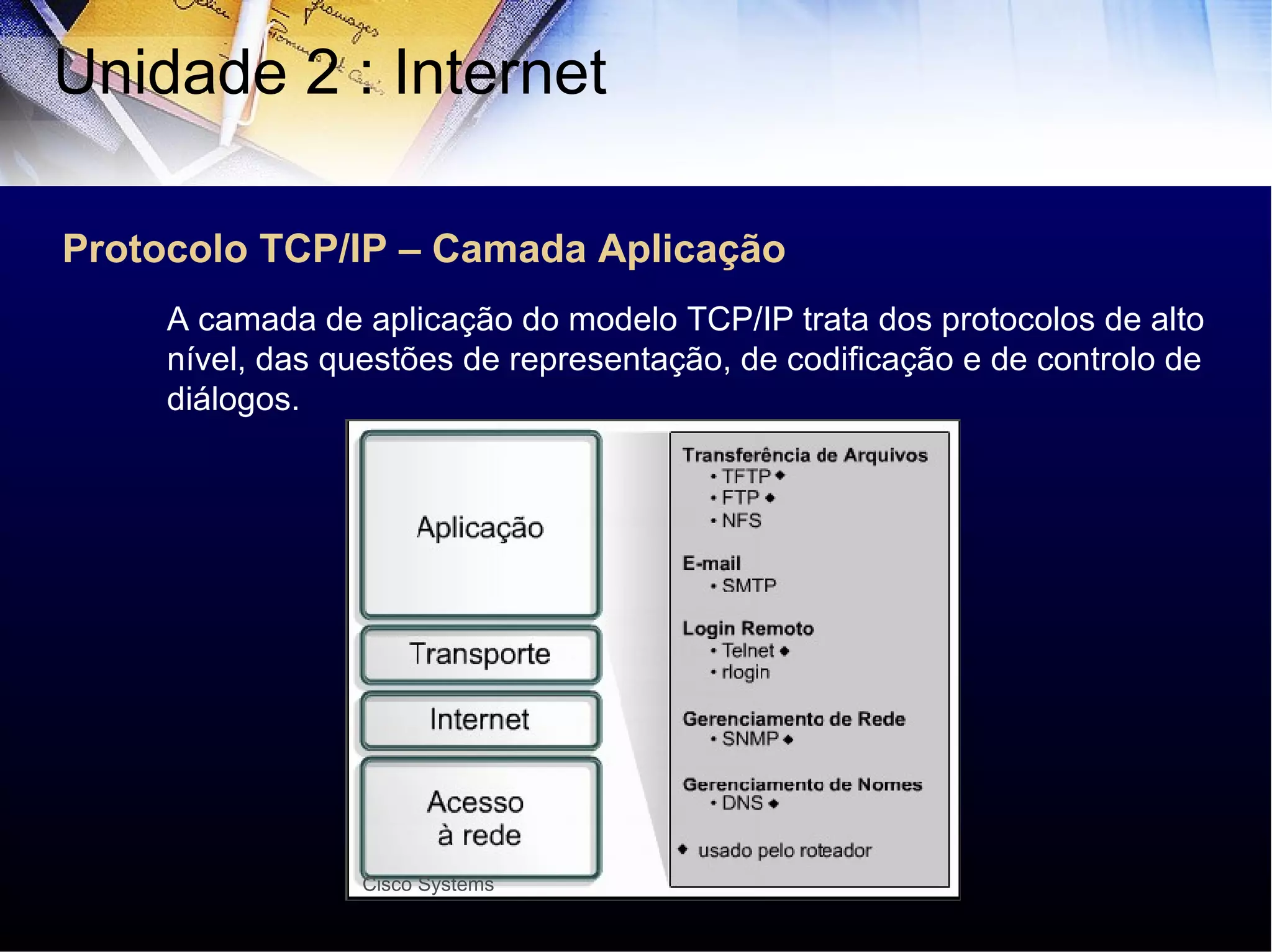 Protocolo TCP/IP – Camada Aplicação Unidade 2 : Internet  A camada de aplicação do modelo TCP/IP trata dos protocolos de alto nível, das questões de representação, de codificação e de controlo de diálogos. Cisco Systems 