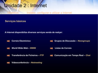 Serviços básicos A Internet disponibiliza diversos serviços sendo de realçar:  Correio Electrónico World Wide Web  –  WWW Transferência de Ficheiros –  FTP   Listas de Correio Grupos de Discussão –  Newsgroups Comunicação em Tempo Real –  Chat Videoconferência –  Netmeeting Unidade 2 : Internet  Objectivo: Instalar, configurar e utilizar a Internet 