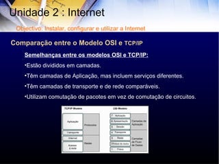 Comparação entre o Modelo OSI e  TCP/IP Unidade 2 : Internet  Semelhanças entre os modelos OSI e TCP/IP: Estão divididos em camadas. Têm camadas de Aplicação, mas incluem serviços diferentes. Têm camadas de transporte e de rede comparáveis. Utilizam comutação de pacotes em vez de comutação de circuitos. Objectivo: Instalar, configurar e utilizar a Internet Cisco Sstems 