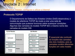 Protocolo TCP/IP Unidade 2 : Internet  O Departamento de Defesa dos Estados Unidos (DoD) desenvolveu o modelo de referência TCP/IP de modo a criar uma rede de  comunicação que pudesse funcionar sobre quaisquer condições. Algumas das camadas do modelo TCP/IP têm o mesmo nome das camadas do modelo OSI. É essencial não confundir as funções das camadas dos dois modelos, pois as camadas contêm diferentes funções em cada modelo Objectivo: Instalar, configurar e utilizar a Internet Cisco Systems 