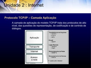 Protocolo TCP/IP – Camada Aplicação Unidade 2 : Internet  A camada de aplicação do modelo TCP/IP trata dos protocolos de alto nível, das questões de representação, de codificação e de controlo de diálogos. Cisco Systems 