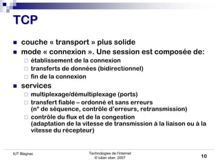 Technologies de l’Internet
© iulian ober, 2007
IUT Blagnac
10
TCP
TCP
 couche « transport » plus solide
 mode « connexio...