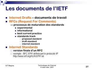 Technologies de l’Internet
© iulian ober, 2007
IUT Blagnac
27
Les documents de l
Les documents de l’
’IETF
IETF
 Internet...