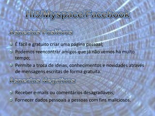 Hi5/Myspace/FacebookAspectos PositivosÉ fácil e gratuito criar uma página pessoal;Podemos reencontrar amigos que já não vemos há muito tempo;Permite a troca de ideias, conhecimentos e novidades através de mensagens escritas de forma gratuita.Aspectos NegativosReceber e-mails ou comentários desagradáveis;Fornecer dados pessoais a pessoas com fins maliciosos.