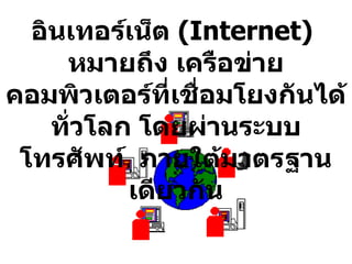 อินเทอร์เน็ต  (Internet)  หมายถึง เครือข่ายคอมพิวเตอร์ที่เชื่อมโยงกันได้ทั่วโลก โดยผ่านระบบโทรศัพท์  ภายใต้มาตรฐานเดียวกัน 