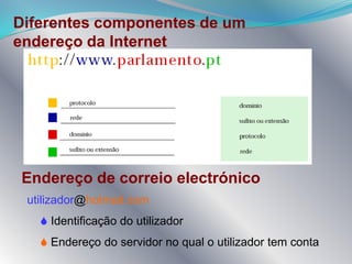 TCP - Define o conjunto de regras para estabelecer a ligação e a comunicação na rede.	IP – Define a forma como cada computador é reconhecido na Internet. O endereço é constituído por 4 conjuntos de algarismos separados por pontos. Ex.: 195.22.29.147DNS - Ao endereço IP pode corresponder um nome de modo a tornar-se mais acessível aos cibernautas. Em vez do endereço numérico é usado um endereço nominal. Ex.: http://www.google.pt