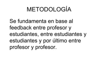 METODOLOGÍA Se fundamenta en base al feedback entre profesor y estudiantes, entre estudiantes y estudiantes y por último entre profesor y profesor. 