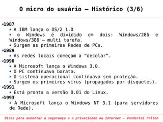O micro do usuário – Histórico (3/6)

1987
    A IBM lança o OS/2 1.0
     o Windows é dividido em dois: Windows/286 e
  Windows/386 – multi tarefa.
    Surgem as primeiras Redes de PCs.
1989
    As redes locais começam a “decolar”.
1990
    A Microsoft lança o Windows 3.0.
    O PC continuava barato.
    O sistema operacional continuava sem proteção.
    Surgem os primeiros vírus (propagados por disquetes).
1991
    Está pronta a versão 0.01 do Linux.
1993
    A Microsoft lança o Windows NT 3.1 (para servidores
  de Rede).

Dicas para aumentar a segurança e a privacidade na Internet – Vanderlei Pollon
 