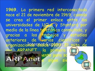 1969.  La primera red interconectada nace el 21 de noviembre de 1969, cuando se crea el primer enlace entre las universidades de UCLA y Stanford por medio de la línea telefónica conmutada, y gracias a los trabajos y estudios anteriores de varios científicos y organizaciones desde 1959 .El mito de que ARPANET, la primera red, se construyó simplemente para sobrevivir a ataques nucleares sigue siendo muy popular.  