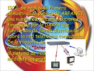 1972. Se realizó la Primera demostración pública de ARPANET, una nueva red de comunicaciones financiada por la DARPA que funcionaba de forma distribuida sobre la red telefónica conmutada. De la filosofía del proyecto surgió el nombre de  "Internet" ,   que se aplicó al sistema de redes interconectadas mediante los protocolos TCP e IP. 