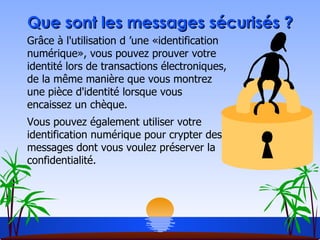 Que sont les messages sécurisés ? Grâce à l'utilisation d ’une «identification numérique», vous pouvez prouver votre identité lors de transactions électroniques, de la même manière que vous montrez une pièce d'identité lorsque vous encaissez un chèque. Vous pouvez également utiliser votre identification numérique pour crypter des messages dont vous voulez préserver la confidentialité.  