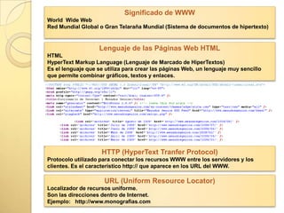 Significado de WWWWorld  Wide Web  Red Mundial Global o Gran Telaraña Mundial (Sistema de documentos de hipertexto)Lenguaje de las Páginas Web HTMLHTML HyperTextMarkupLanguage (Lenguaje de Marcado de HiperTextos)Es el lenguaje que se utiliza para crear las páginas Web, un lenguaje muy sencillo que permite combinar gráficos, textos y enlaces.HTTP (HyperTextTranfer Protocol) Protocolo utilizado para conectar los recursos WWW entre los servidores y los clientes. Es el característico http:// que aparece en los URL del WWW. URL (UniformResourceLocator) Localizador de recursos uniforme.Son las direcciones dentro de Internet.Ejemplo:   http://www.monografias.com